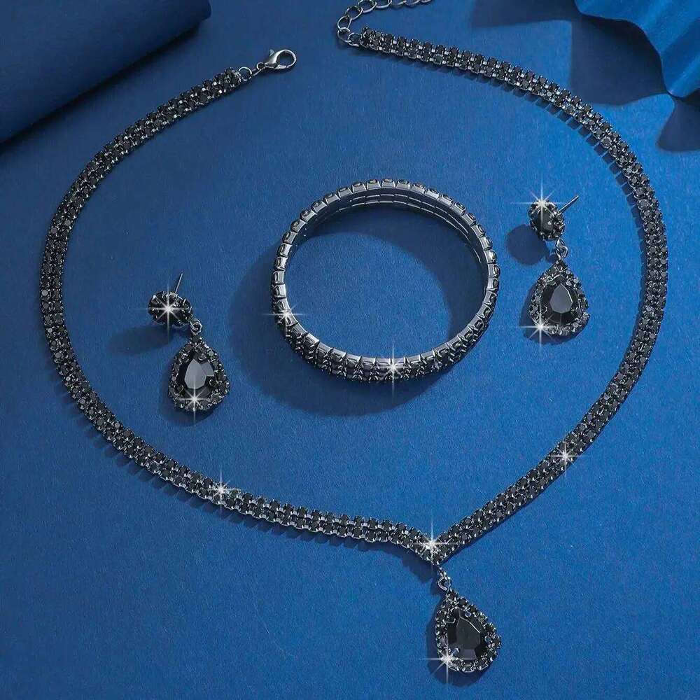 Elegant Teardrop Crystal Jewelry Set 4Pcs Necklace+Bangle+Earrings Shiny Silver-Plated for Women Wedding Party Evening Prom Z260313