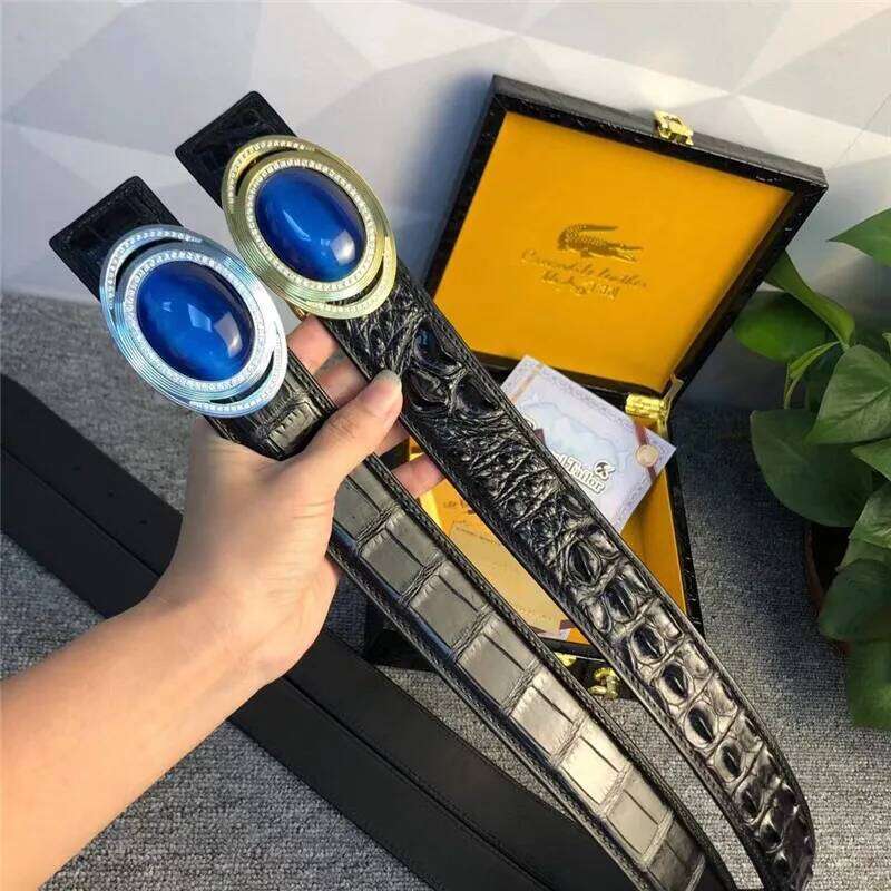 Authentic Real Crocodile Skin Blue Diamond Steel Buckle Businessmen Waist Strap Belts Genuine Alligator Leather Male Belt Z260226