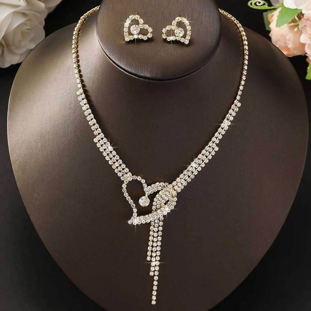 3PC women's fashionable rhinestone peach heart necklace earrings jewelry set, suitable for weddings, parties, and holiday gifts Z260313