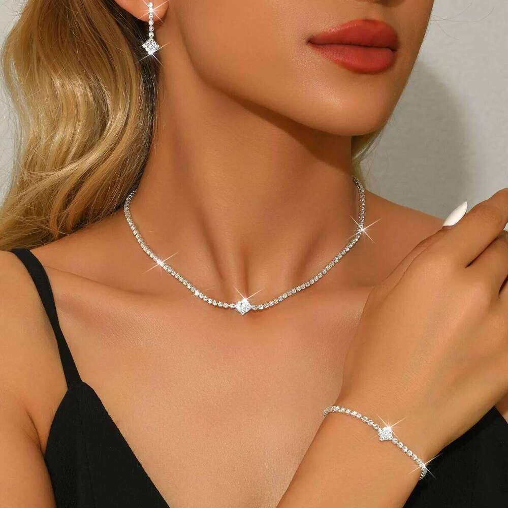 European and American Cross-Border Bridal Jewelry Set, Wedding Banquet Dress Accessories, Earrings, Bracelet, Necklace, Women's Three-Piece Set Z