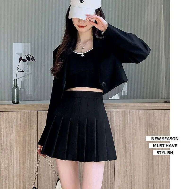 Autumn and winter new pleated women's half Korean high waist slim mini Preppy style side zipper A-line skirt Z260314