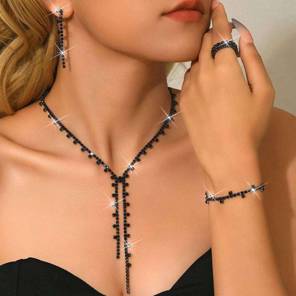 Black Rhinestone Tassel Jewelry Set Y-Necklace Earrings Ring Bracelet Evening Party Shiny Accessories Z260313