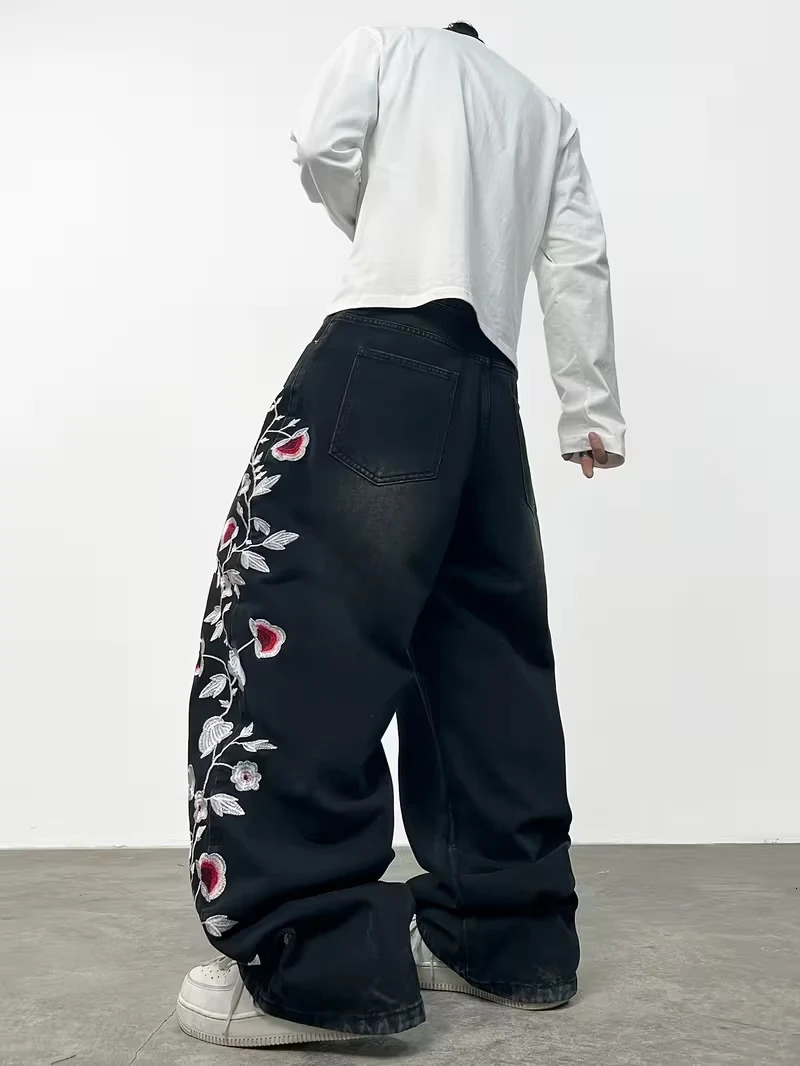 Y2K Grunge Style Floral Print Jeans Unisex Black Washed Loose Wide Leg Denim Trousers 260311