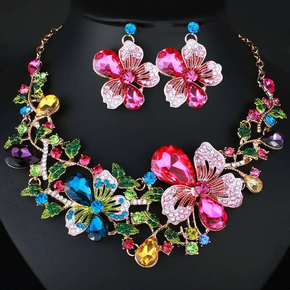 Fashion Bauhinia Flowers Crystal Set Multicolor Earrings with Matching Wedding Necklace Women Jewelry Z260313