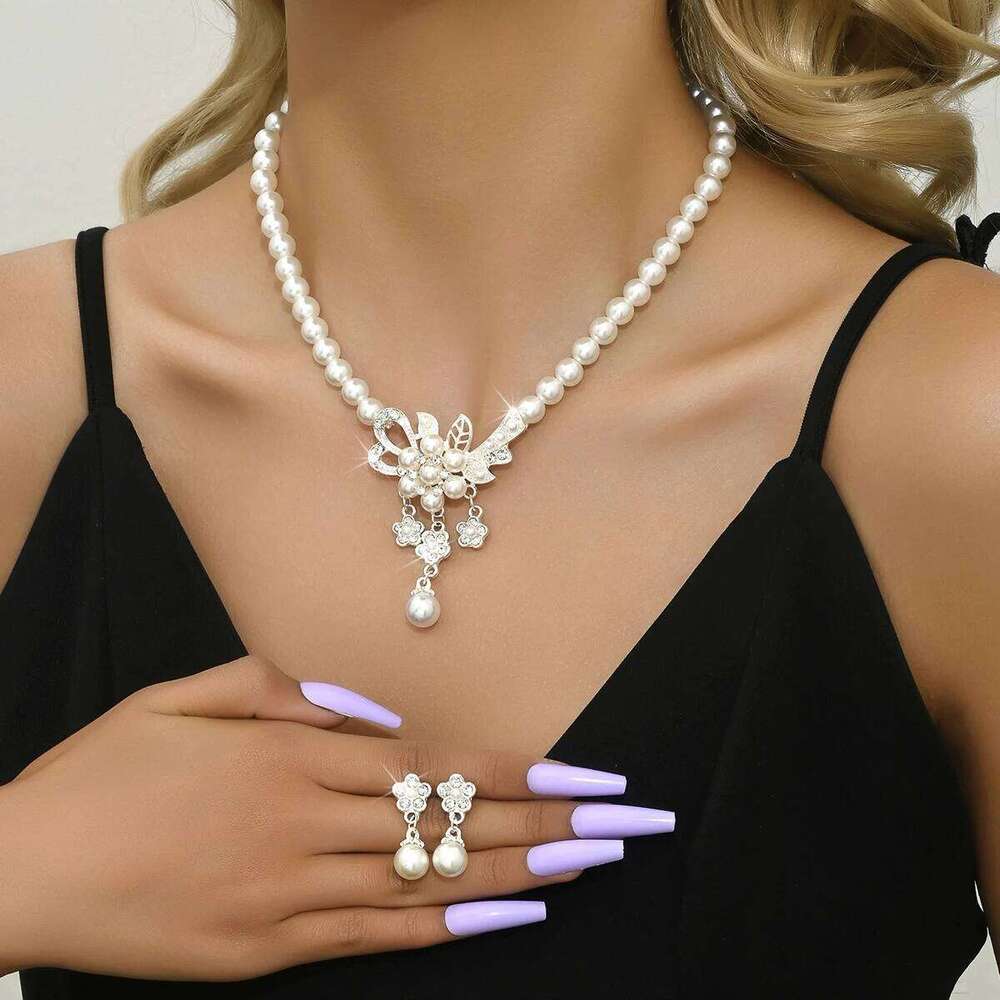 3-piece jewelry set, floral women's pearl earrings, necklace decoration suitable for women to attend parties Z260313