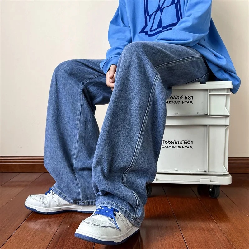 Korean Fashion Mens Baggy Jeans High Street Man Straight Denim Wide-leg Pants Hip Hop Bagy Light Blue Grey Black 260311