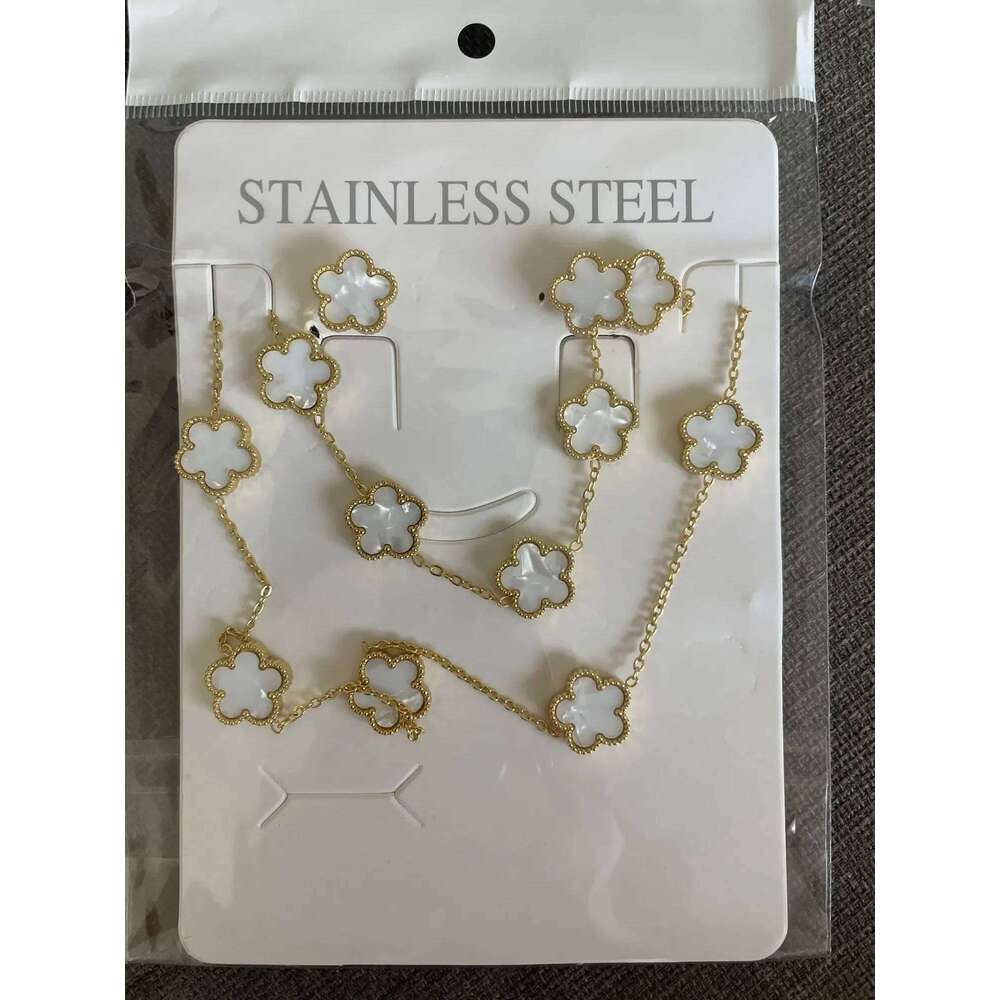 LUXUKISSKIDS Fashion Flower Necklace Earrings Set Women Stainless Steel White Shell Clover Bracelet Jewelry Accessories Z260313