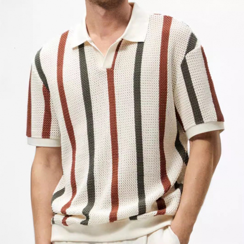 Colorblocked Men's Knitted Designer T-shirt Polo Shirt Spring Breathable Hollowedout Vertical Pattern Designer Hoodie Summer Polo Collar Shortsleeve Available