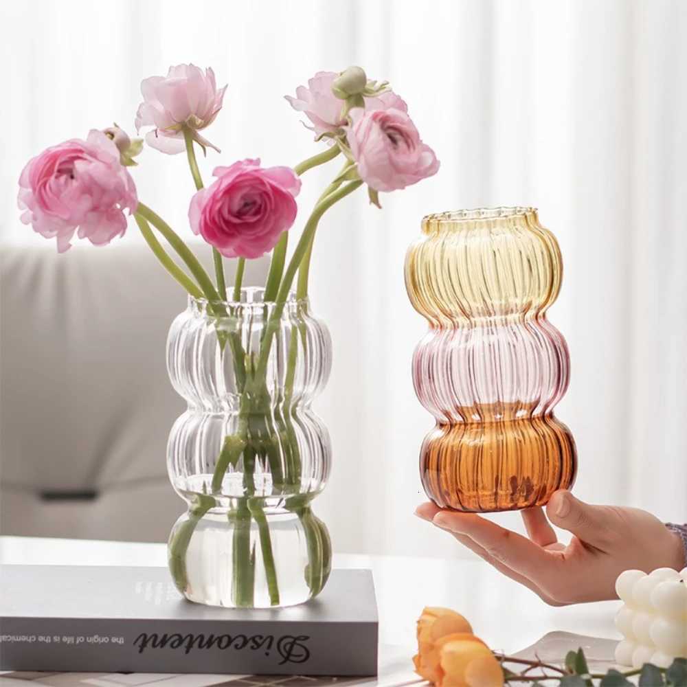 Simple Transparent Glass Vase with Vertical Patterns Office Desktop Surface Green Plants Hydroponic Flower Arrangement Y260314