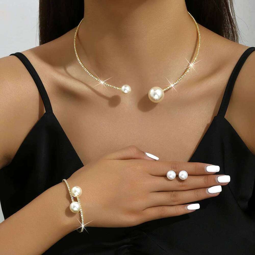 TREAZY Fashionable Classic Wedding Party for Women Pearl Rhinestones Choker Necklace Earrings Bracelet Jewelry Sets Z260313