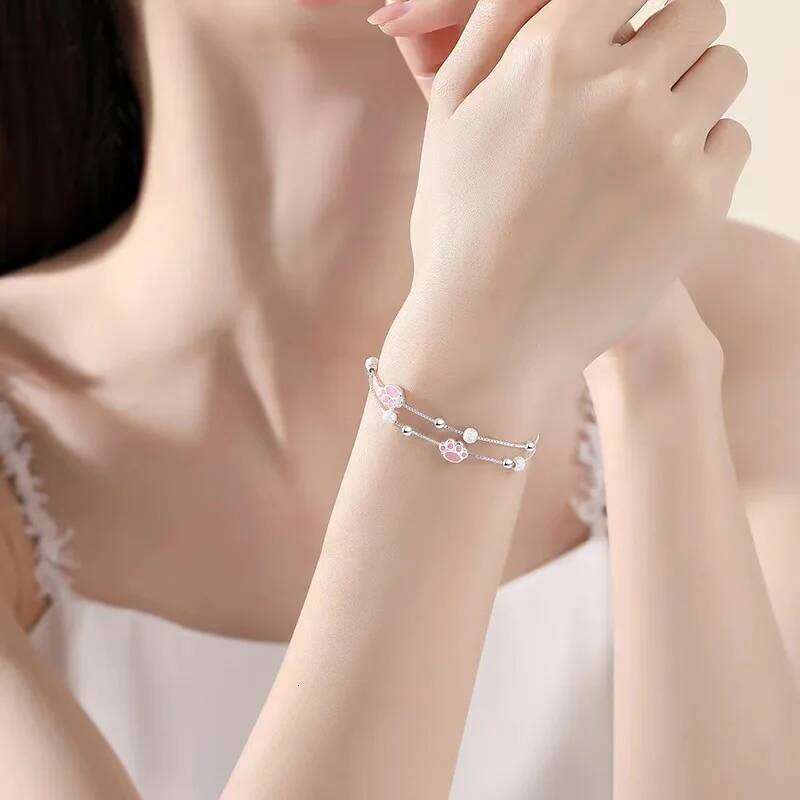 S925 Sterling Silver Bracelets Cute Sweet Pink Cat Claw Adjustable Bracelet for Women Girls Engagement Party Trendy Jewelry Gift Z260313