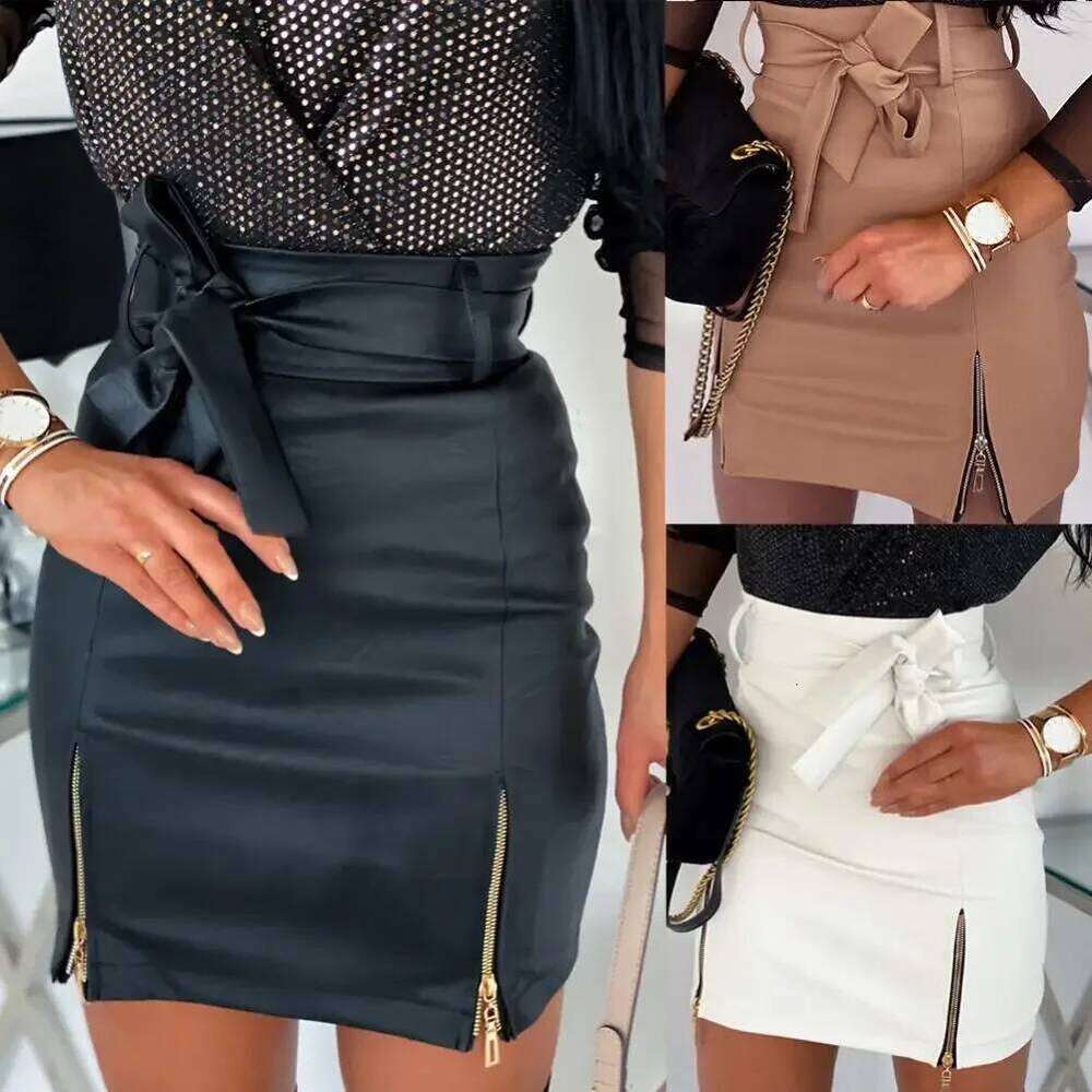 Pencil Black PU Split Sheath Wrap Skirts Faux Leather Zippers High Waist Belt Mini Skirt Z260314