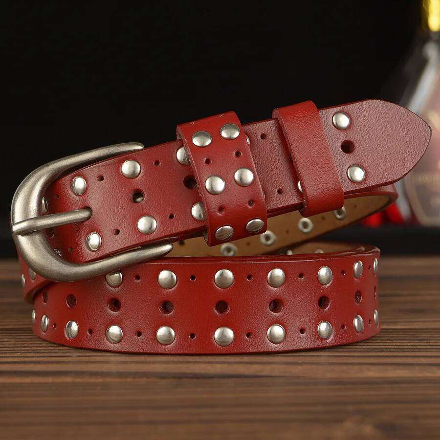 Female Hollow Vintage Luxury Punk Belts Men High Quality Genuine Real Leather Women Waist Rivet Strap for Jeans Z260226