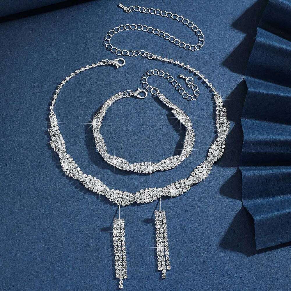 3pcs Luxury Zircon Stud Earrings Necklace for Women, Stainless Steel Hypoallergenic Wedding Banquet Sparkle Jewelry Set Gift Z260313