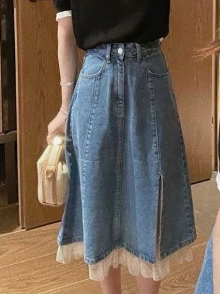 French Chic Vintage A-Line Denim Skirt Women Slim High Waist Side Split Lace Detail Casual Mid-Length Skirt Korean Fashion Skirt M260314