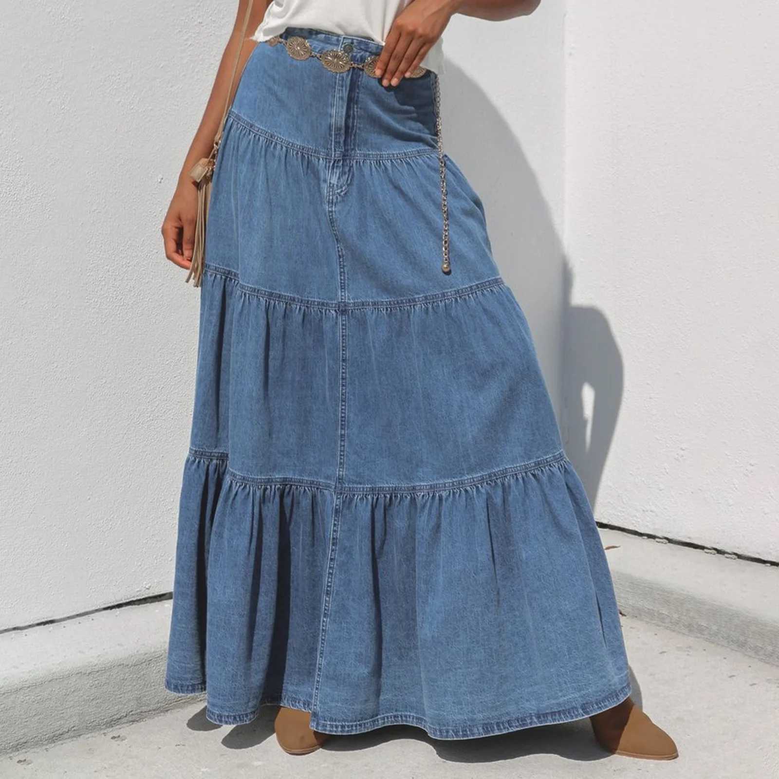 New Womens Denim Long Skirt Stylish Solid High Waist A-Line Jean Skirt For Summer Spring Club Street Style S-XL M260314