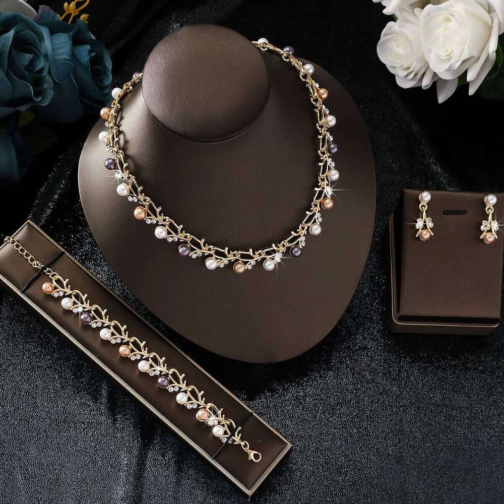 4pcs women's jewelry set with pearl rhinestone necklace, earrings, bracelets, bride's wedding accessories Z260313