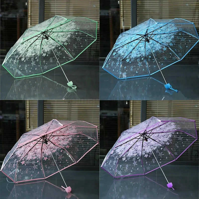 Creative Hand Movement Transparent Male Female Umbrella Cherry Blossom Style Personalized Couple Student Clear Beach Umbrella H260314
