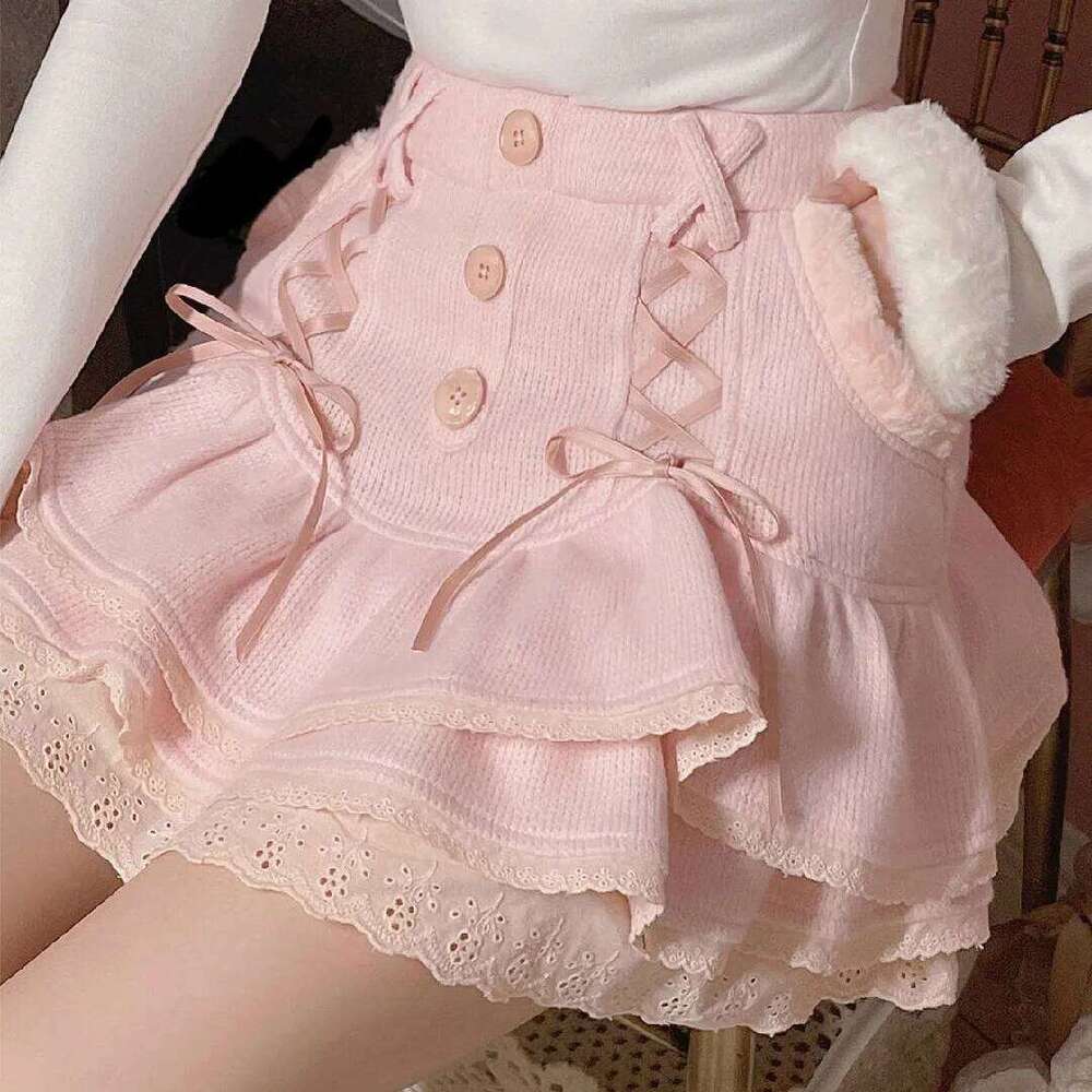 Japanese lolita kawaii clothes pink mini with shorts Lace High Waist korean style women 2025 new fall White skirt fluffy Z260314