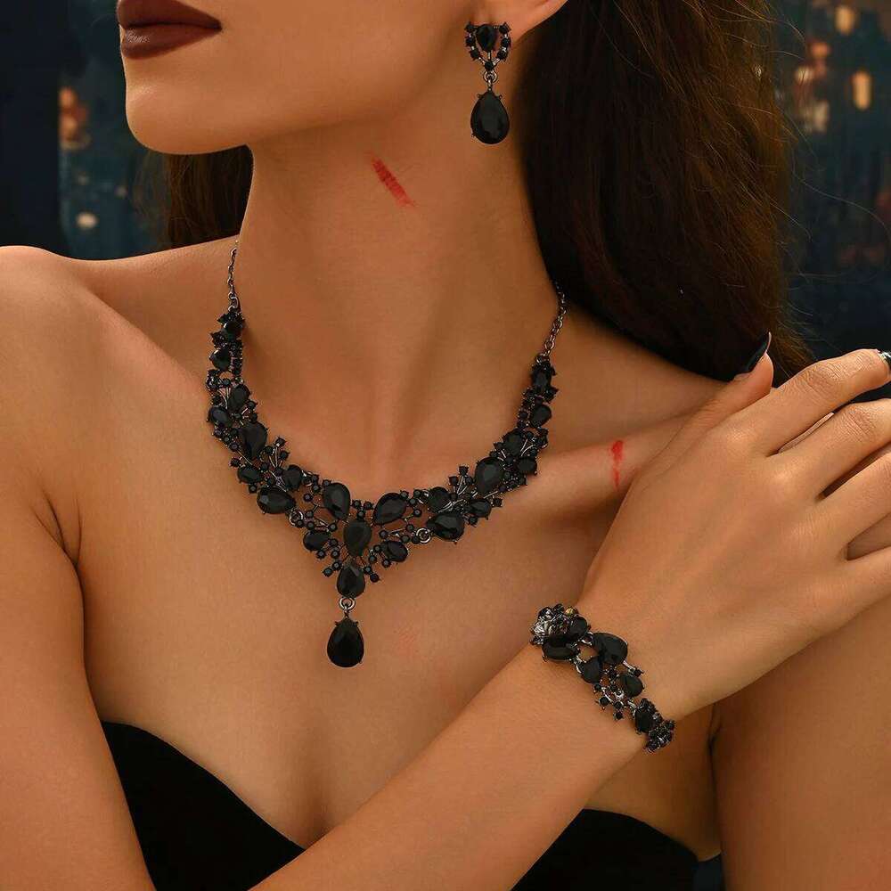 Black Obsidian Gemstone Set Women Necklace Bracelet Earrings Fashion Statement Jewelry for Party Evening Z260313
