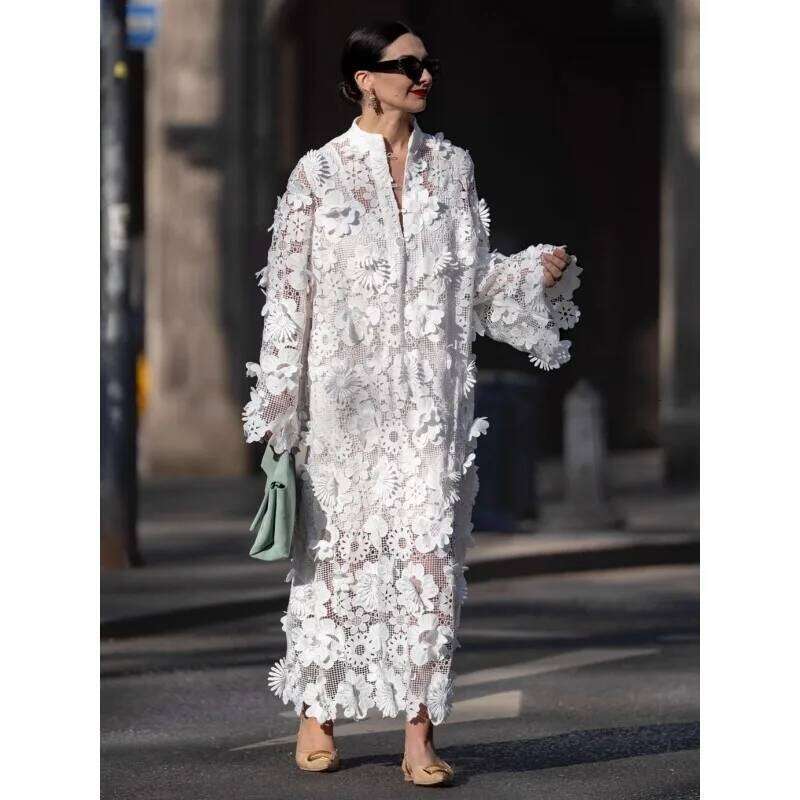 Sexy Women Hollow Out Loose Shirt Elegant Y K D Floral Long Sleeve Single Breasted Embroidery Vacation A Line Dress MAKOUFEI