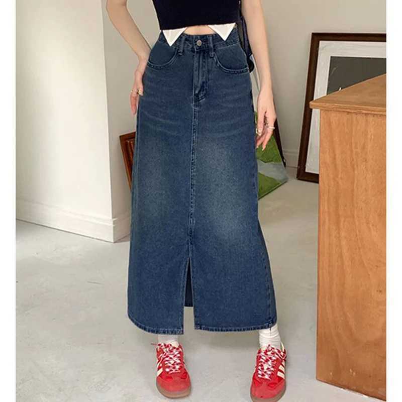 New Lady Summer High Waist Jeans Skirts Hot Sale s Classic Mid-Long Skirts Women Korean Fashion Slit Denim Dress M260314