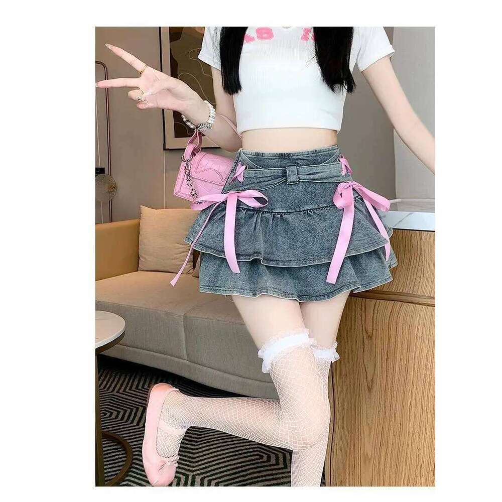 Summer New American Pure Lust Style Bow Tie A-line Cake Denim Puffy Short Skirt for Women Z260314