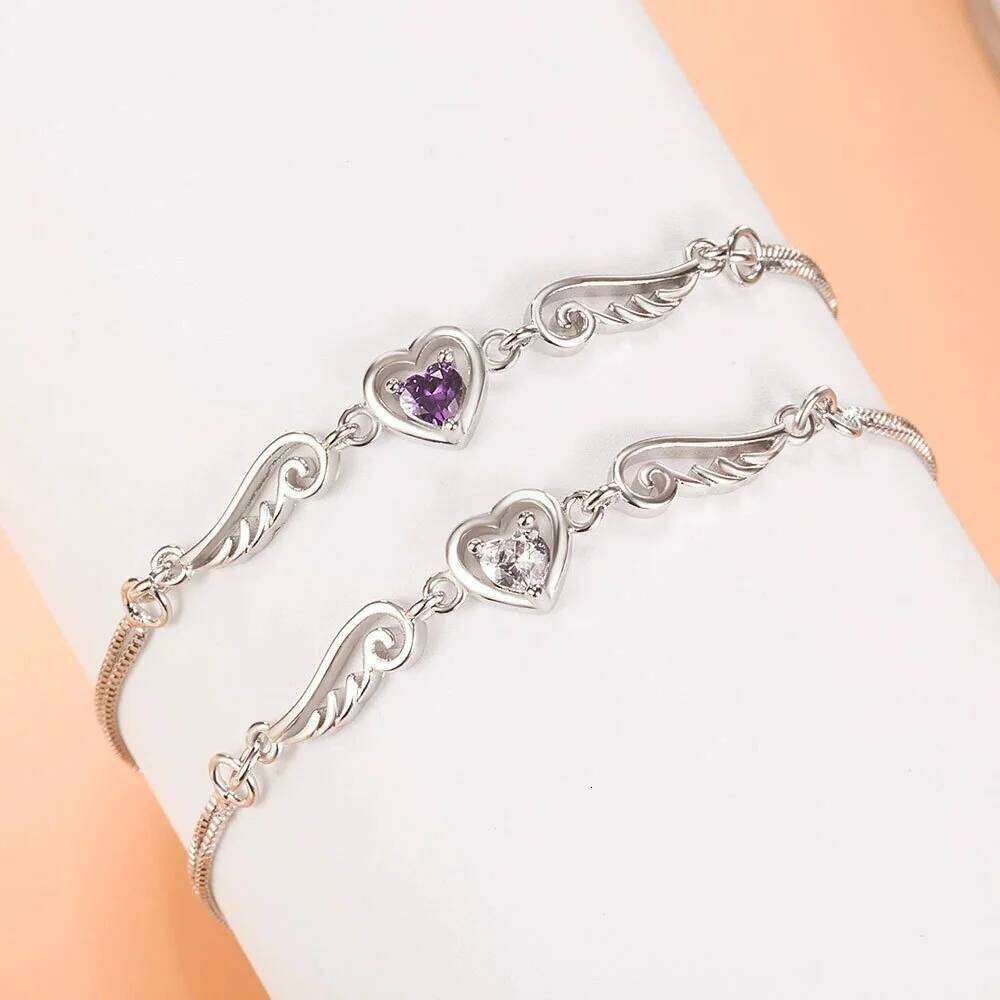 Purple Crystal Love Heart Stone Angel Wings Bracelets For Women Silver Color Chain Bracelet Wedding Jewelry Valentine's Day Gift Z260313