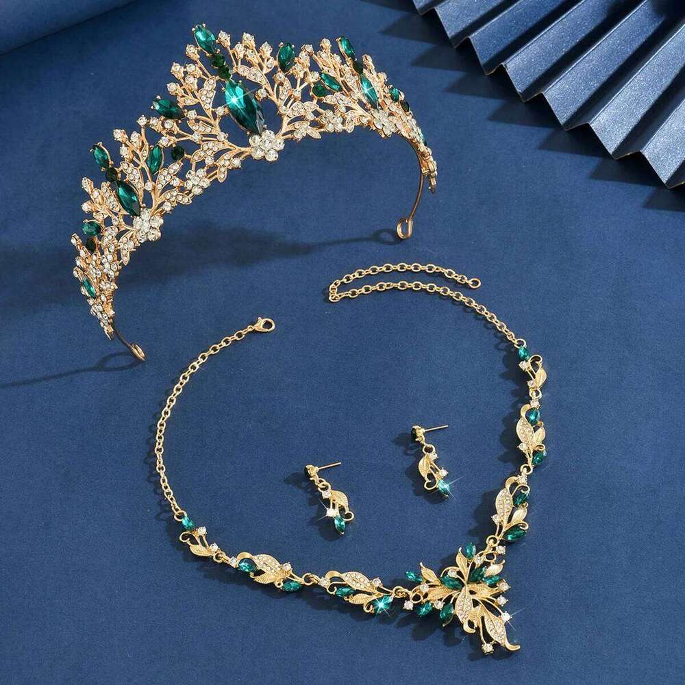 Ladies' Fashion Leaf Water Drop Flower Forest Elegant Crown Necklace Earrings Jewelry Set Z260313