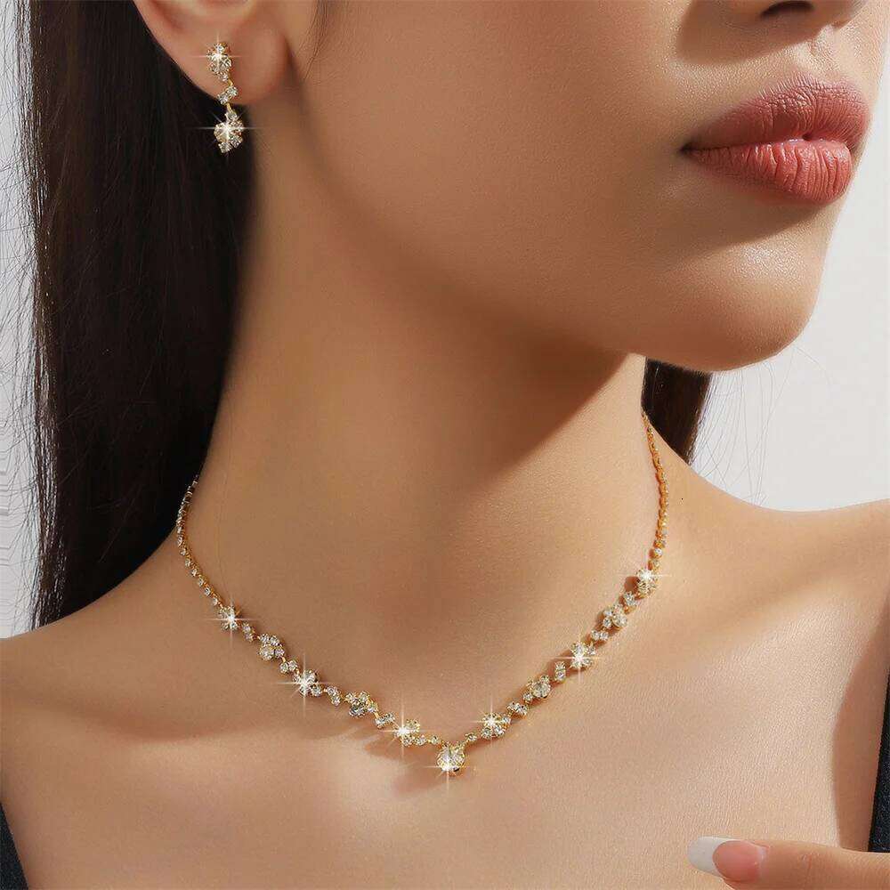 Fashion Crystal Bridal Geometric Choker Necklace Earrings Bracelet Wedding Neckchain Jewelry Sets Women Gift Z260313
