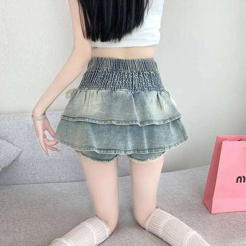 Summer New American Pure Lust Style Bow Tie A-line Cake Denim Puffy Short Skirt for Women Z260314