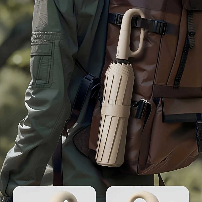 Automatic Folding Umbrella With D-style Non-slip Hook Handle Solid Color Casual Portable Lightweight Durable Umbrella H260314