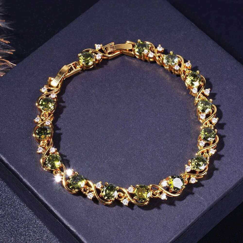 Elegant Sparkling Necklace Bracelet Ring And Earrings In Retro Olive Green Zirconia 18K Gold-Plated Jewelry Set Z260313