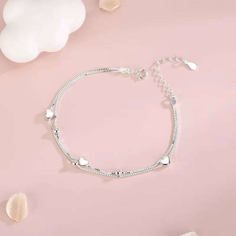 925 Sterling Silver Double Layer Heart Chain Bracelets For Women Vintage Korean Design Bead Bracelet Party Jewelry Accessories Z260313