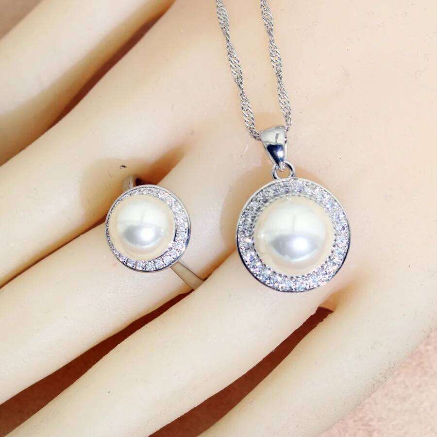 AAA Pearl White Zircon Silver 925 Sets Bridal Earrings For Women Ring Pendant Necklace Set Wedding Jewelry Gift Z260313