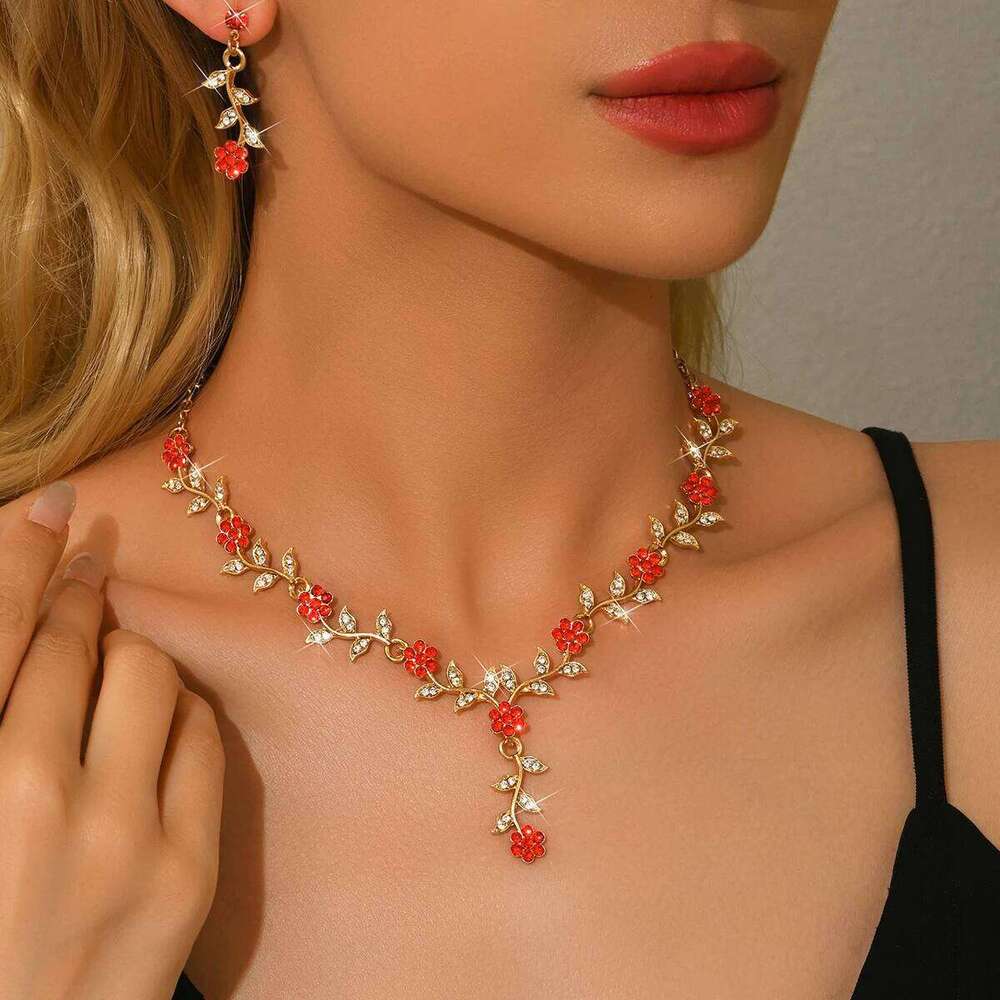 Crystal Vine Necklace & Earring Set Women V-Neck Leaf Pendant Jewelry for Party Evening Statement Z260313