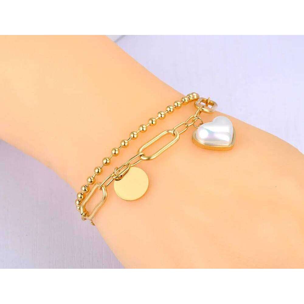 Lokaer Titanium Stainless Steel Double Layer Chain Bracelets For Women Fashion White Pearl Love Heart Charm Bracelet B21125 Z260313