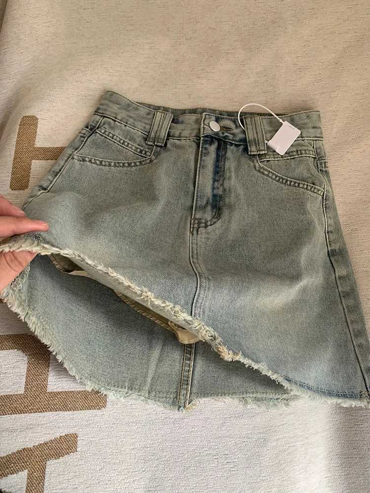 Retro Frayed Hem Denim Skirt Womens High Waist A-Line Slimming Anti-Light Spring 2026 Faion Trend Korean Sle M260314