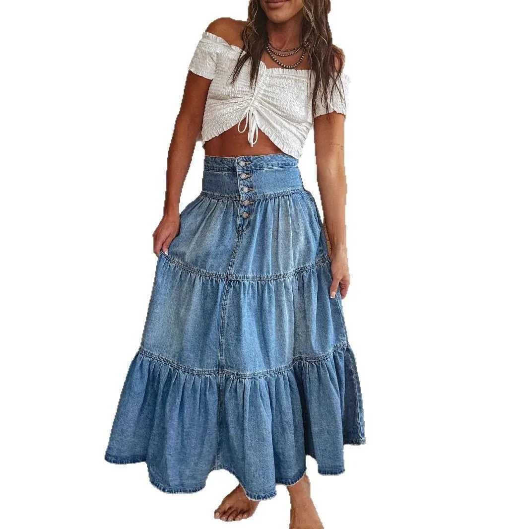 Casual Vaion Sle Denim Skirt Women High Waist Long Cake Skirt Loose Fit Street Sle Pure Color Other Material Skirt M260314