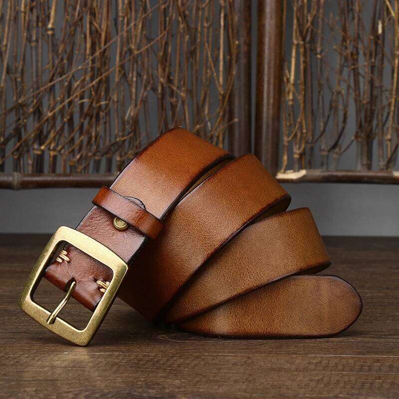 3.8cm Width Thick Retro Cowhide Genuine Leather Belt Men Solid Brass Copper Pin Buckle Belts Male Strap For Jeans Z260226