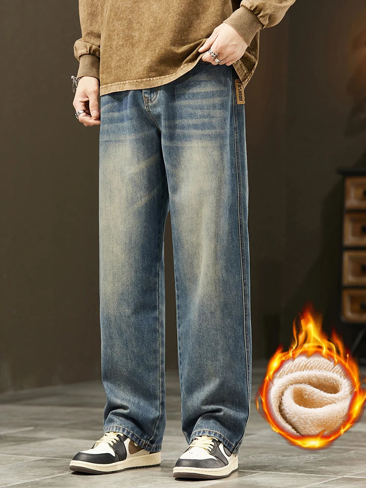 Winter Warm Fleece Jeans Mens Thickened Loose Wide-leg Denim Pants Vintage Wash Casual Straight Velvet Trousers Streetwear 260311