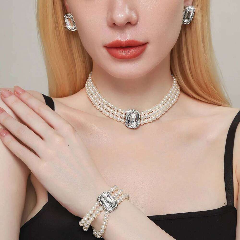 4PC Women's Fashion Light Luxury Short Style Imitation Pearl Turquoise Necklace Earrings Bracelet Jewelry Set Party Festival Gif Z260313