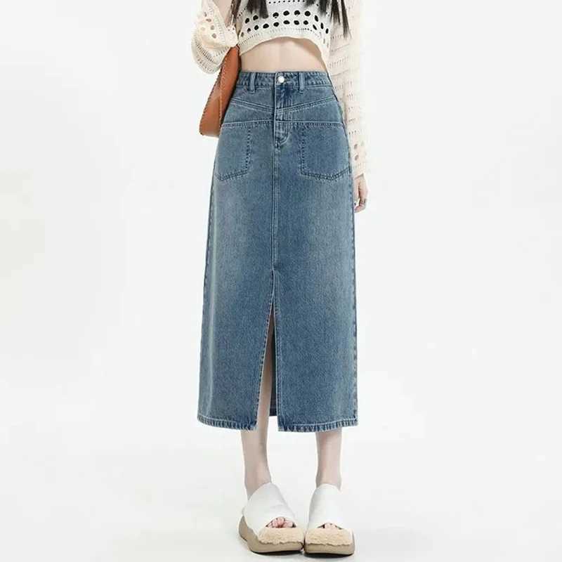 Summer Female Chic Blue High Waist Skirt Hot Sale Lady Ins Fashion A-line Slit Jeans Skirts s Korean Casual Denim Dress M260314