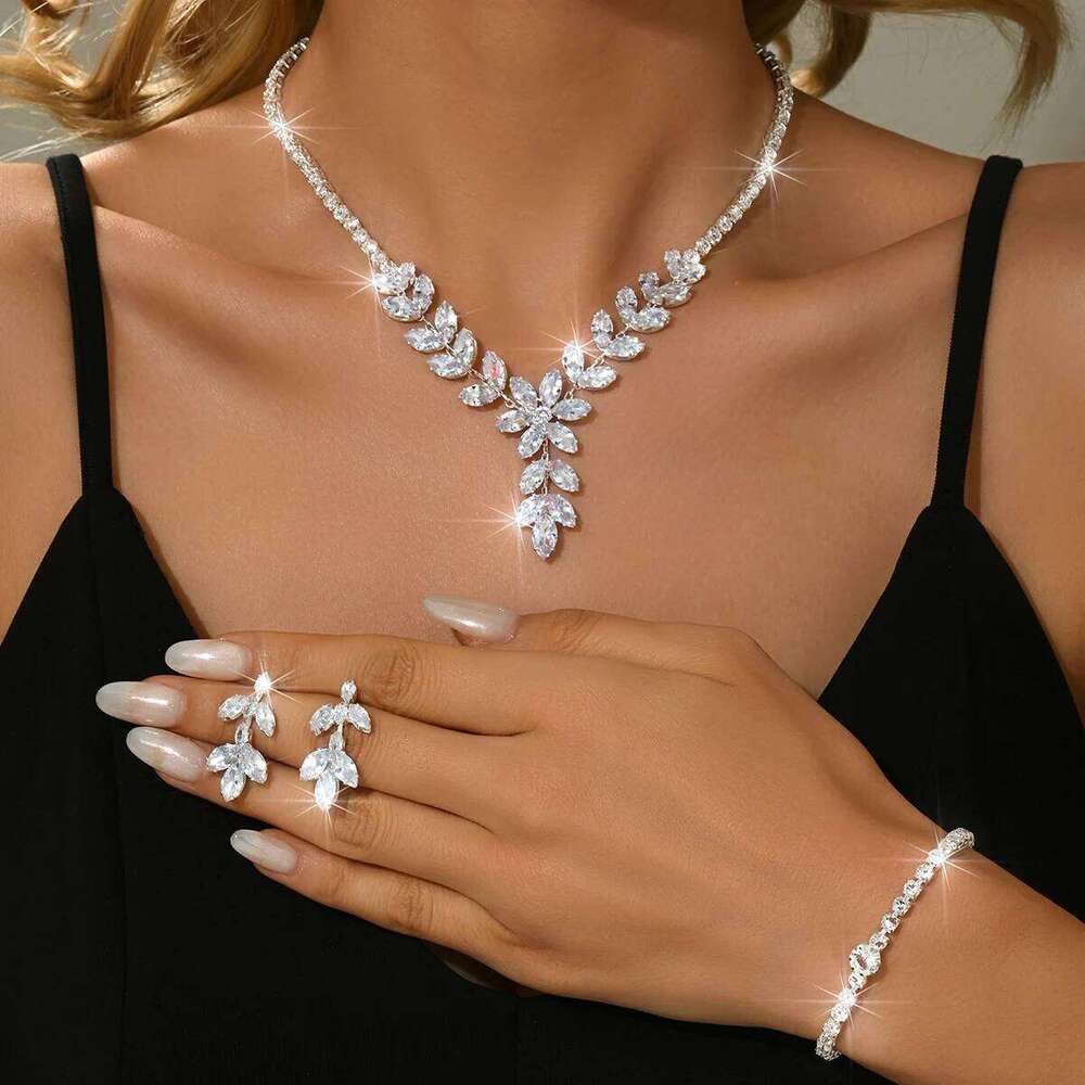 Elegant, simple, atmospheric, trendy Korean necklace, ring, bracelet, earring four piece set suitable for wedding dresses Z260313