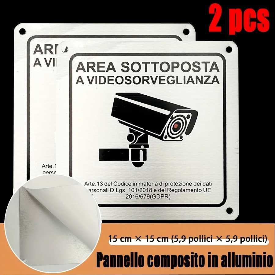 2pcs Italian Aluminum monitoring sign AREA SOTTOPOSTA A VIDEOSORVEGLIANZA self-adhesive plate D260314