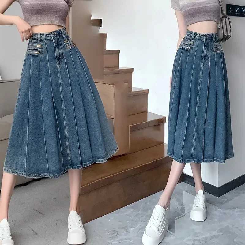 New Summer 2025 High Waist Retro Style Elegant Womens Cowboy Pleats Half Skirt Appear Thin Zipper Leisure Ladies Denim Skirt M260314