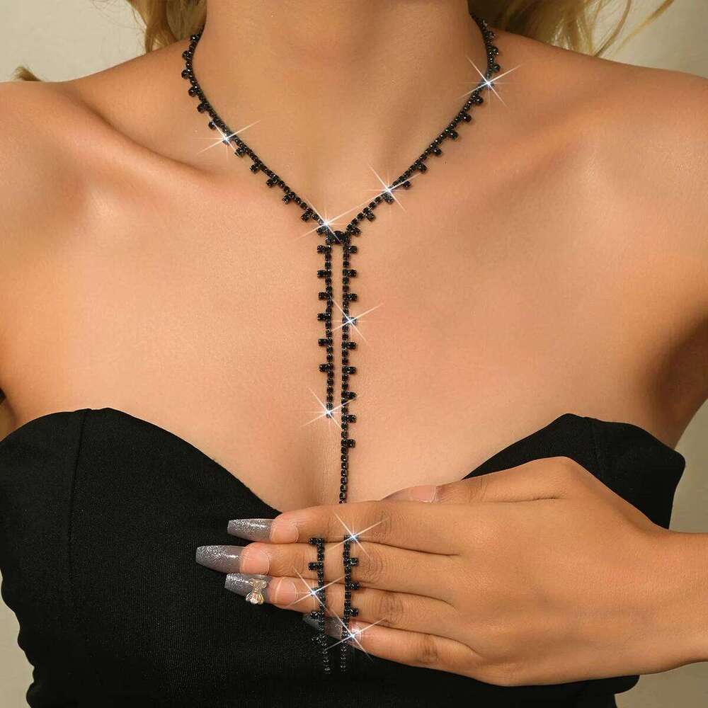 Black Rhinestone Tassel Jewelry Set Y-Necklace Earrings Ring Bracelet Evening Party Shiny Accessories Z260313