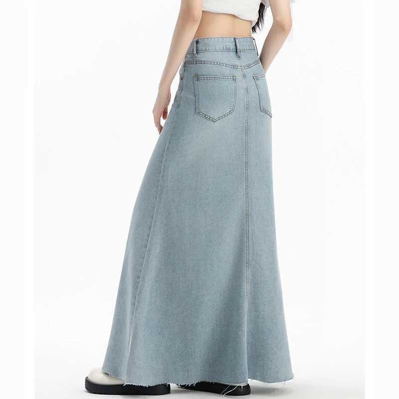 Summer Female Retro Casual High Waist Jeans Skirts New Fashion Women Mid-Long Denim Skirts s Chic Korean Denim Dress M260314
