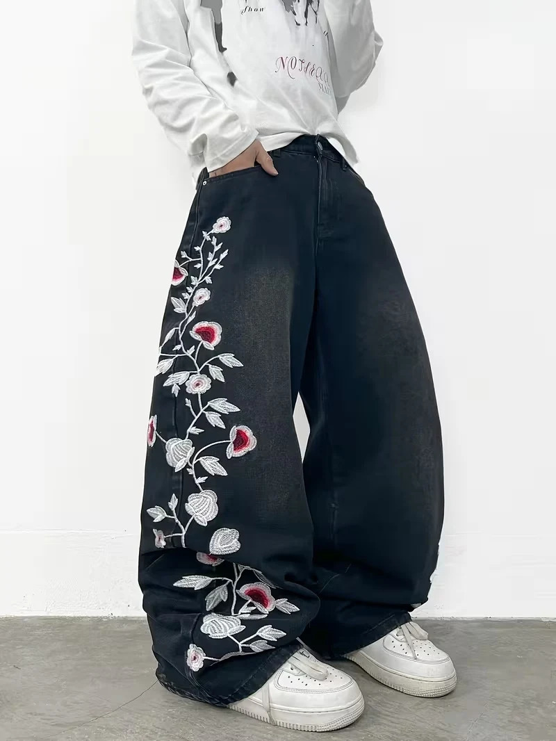 Y2K Grunge Style Floral Print Jeans Unisex Black Washed Loose Wide Leg Denim Trousers 260311