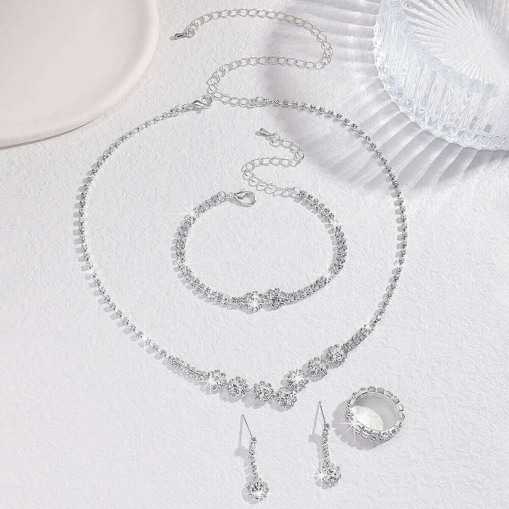 Floral Crystal Jewelry Set Necklace Earrings Bracelet Stretch Ring Flower Pendant Silver-Plated Bridal Accessories for Wedding Z260313